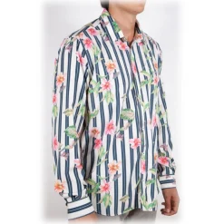 Poggianti 1985 - Striped Shirt with Floral Pattern Soft Collar - Handmade in Italy - New Luxury Exclusive Collection - Avvenice