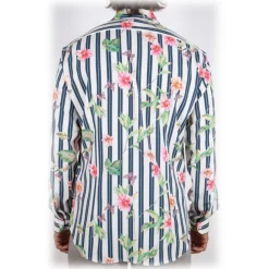 Poggianti 1985 - Striped Shirt with Floral Pattern Soft Collar - Handmade in Italy - New Luxury Exclusive Collection - Avvenice