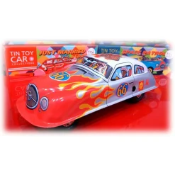 Saint John - Hot Racer Car - Collectible Retro Wind Up Tin Toy - Red Silver White - Tin Toys - Avvenice