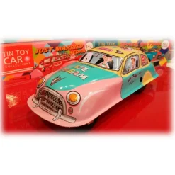 Saint John - Ice Cream Wagon Car - Collectible Retro Wind Up Tin Toy - Pink Turquoise Yellow - Tin Toys - Avvenice