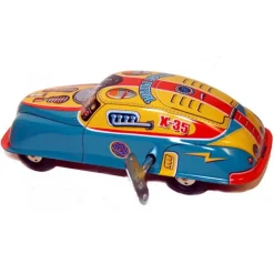 Saint John - Space Patrol Car - Collectible Retro Wind Up Tin Toy - Yellow Red Blue - Tin Toys - Avvenice