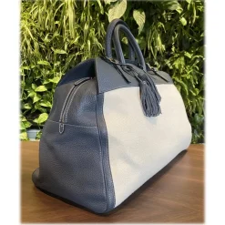 Suèi - Bag of Calf Leather and Canvas Fabric - Blue Navy - Handmade in Italy - Luxury Exclusive Collection - Avvenice