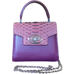 Suèi - Bag of Medium Size of Python & Calf Leather - Plum - Handmade in Italy - Luxury Exclusive Collection - Avvenice