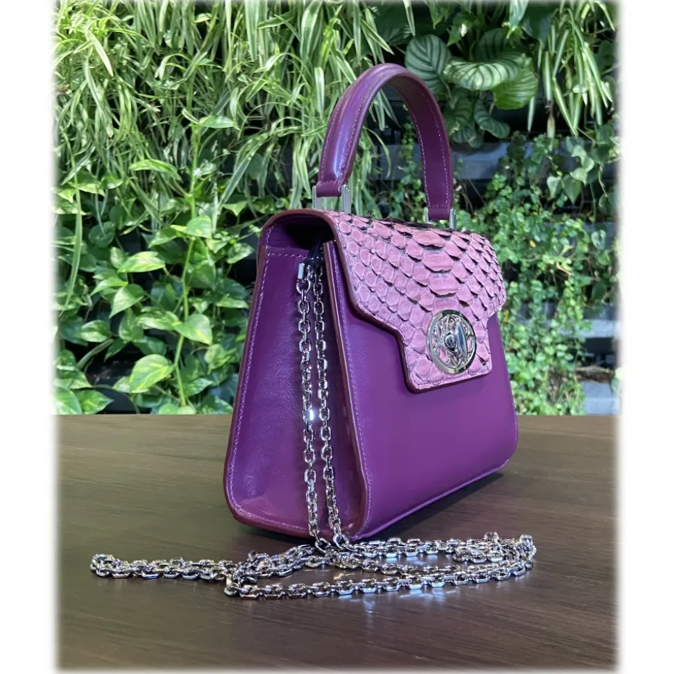Suèi - Bag of Medium Size of Python & Calf Leather - Plum - Handmade in Italy - Luxury Exclusive Collection - Avvenice