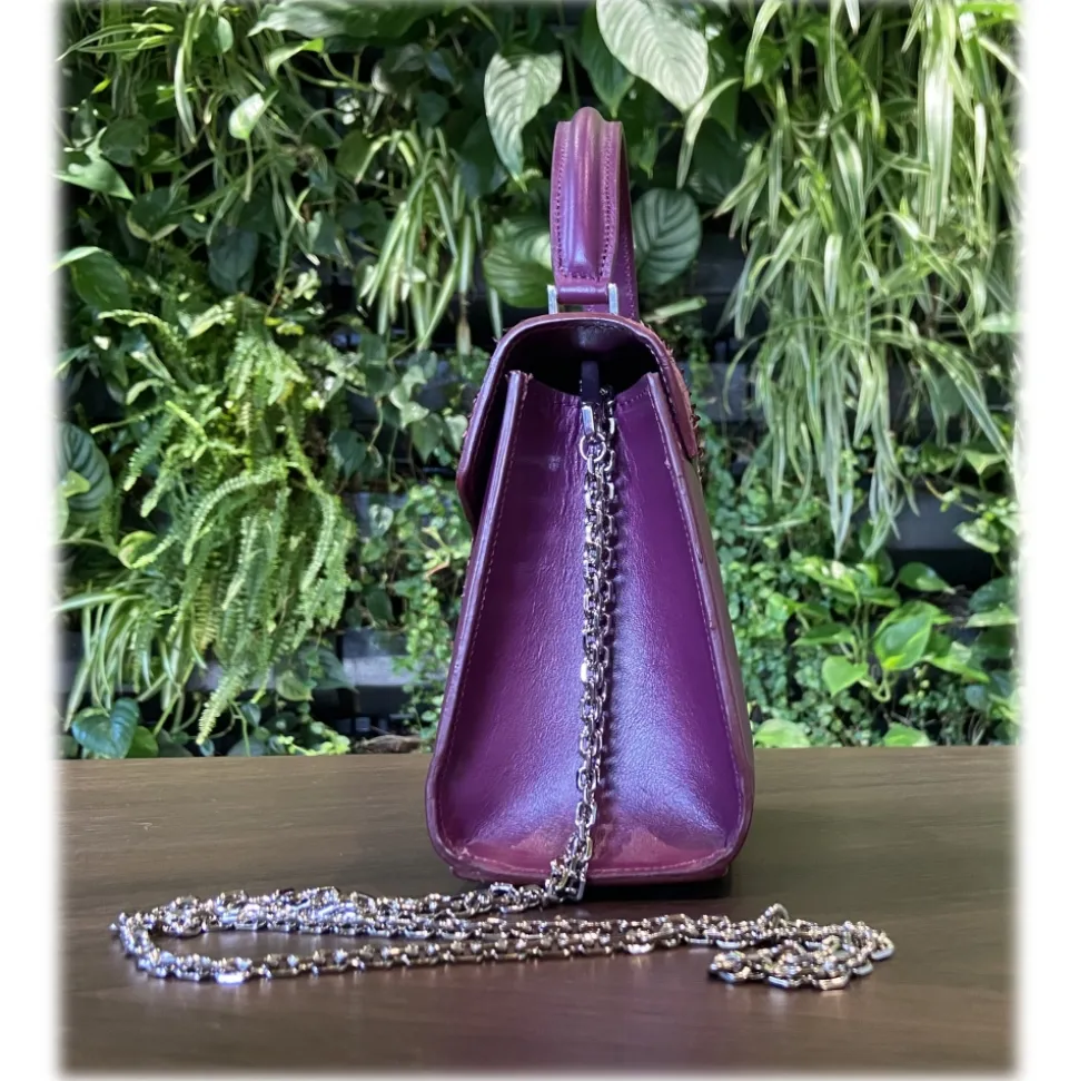 Suèi - Bag of Medium Size of Python & Calf Leather - Plum - Handmade in Italy - Luxury Exclusive Collection - Avvenice