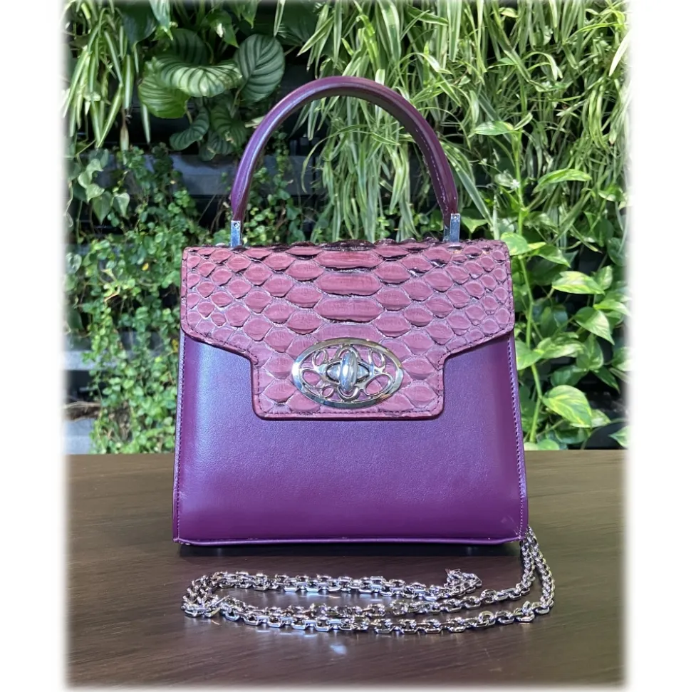 Suèi - Bag of Medium Size of Python & Calf Leather - Plum - Handmade in Italy - Luxury Exclusive Collection - Avvenice