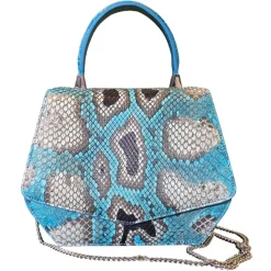 Suèi - Bag of Medium Size of Python & Crocodile Leather - Azzurro - Handmade in Italy - Luxury Exclusive Collection - Avvenice