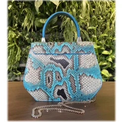 Suèi - Bag of Medium Size of Python & Crocodile Leather - Azzurro - Handmade in Italy - Luxury Exclusive Collection - Avvenice