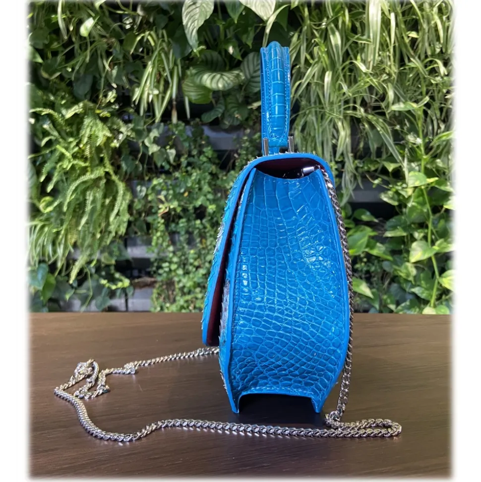 Suèi - Bag of Medium Size of Python & Crocodile Leather - Azzurro - Handmade in Italy - Luxury Exclusive Collection - Avvenice