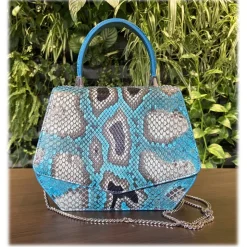Suèi - Bag of Medium Size of Python & Crocodile Leather - Azzurro - Handmade in Italy - Luxury Exclusive Collection - Avvenice