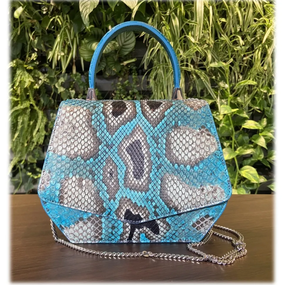 Suèi - Bag of Medium Size of Python & Crocodile Leather - Azzurro - Handmade in Italy - Luxury Exclusive Collection - Avvenice