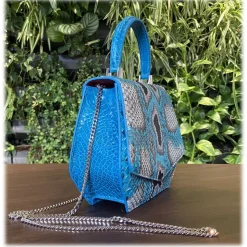 Suèi - Bag of Medium Size of Python & Crocodile Leather - Azzurro - Handmade in Italy - Luxury Exclusive Collection - Avvenice