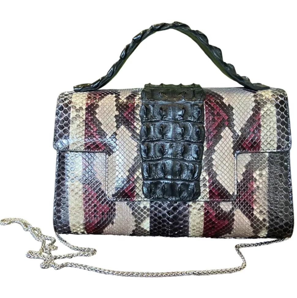 Suèi - Bag of Medium Size of Python & Crocodile Leather - Black - Handmade in Italy - Luxury Exclusive Collection - Avvenice