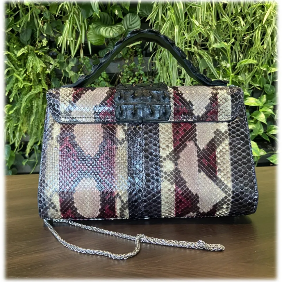 Suèi - Bag of Medium Size of Python & Crocodile Leather - Black - Handmade in Italy - Luxury Exclusive Collection - Avvenice