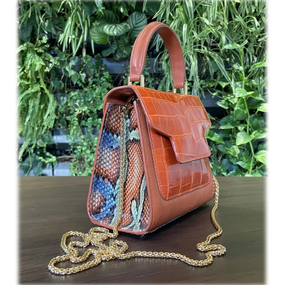 Suèi - Bag of Medium Size of Python, Crocodile & Calf Leather - Orange - Handmade in Italy - Luxury Exclusive Collection - Avvenice