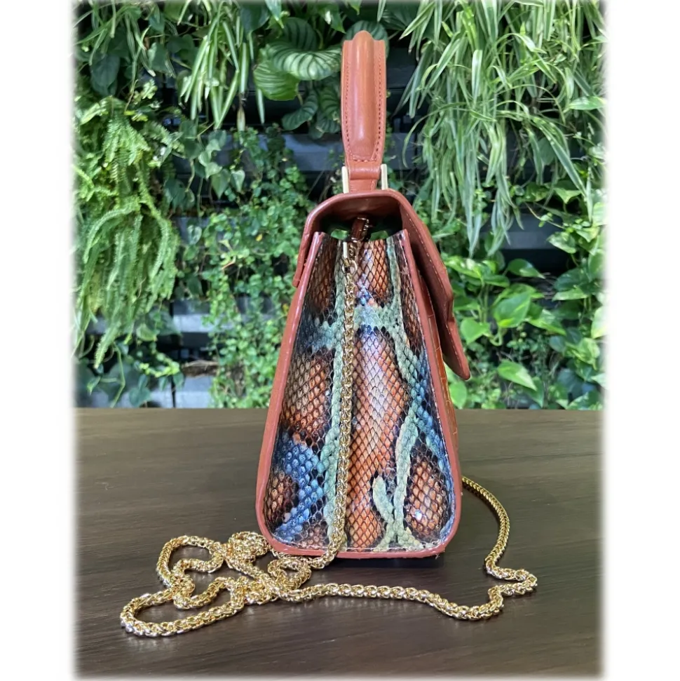 Suèi - Bag of Medium Size of Python, Crocodile & Calf Leather - Orange - Handmade in Italy - Luxury Exclusive Collection - Avvenice
