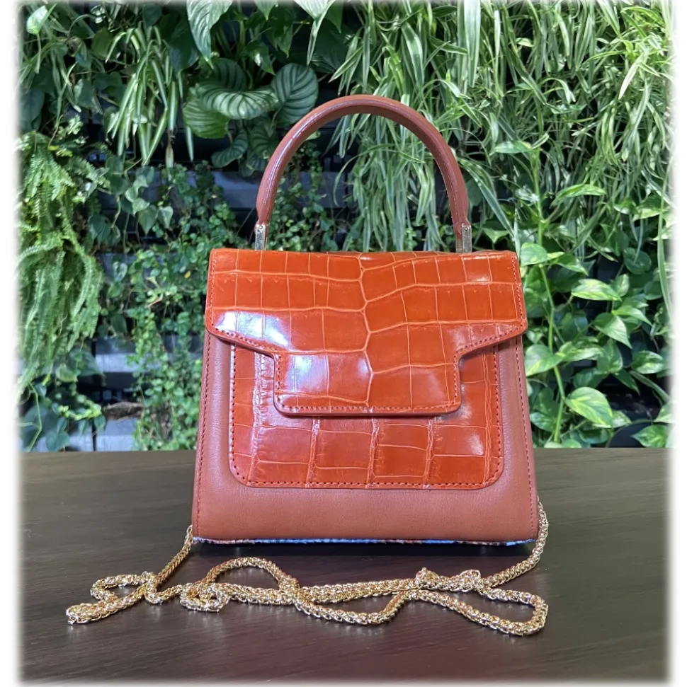 Suèi - Bag of Medium Size of Python, Crocodile & Calf Leather - Orange - Handmade in Italy - Luxury Exclusive Collection - Avvenice
