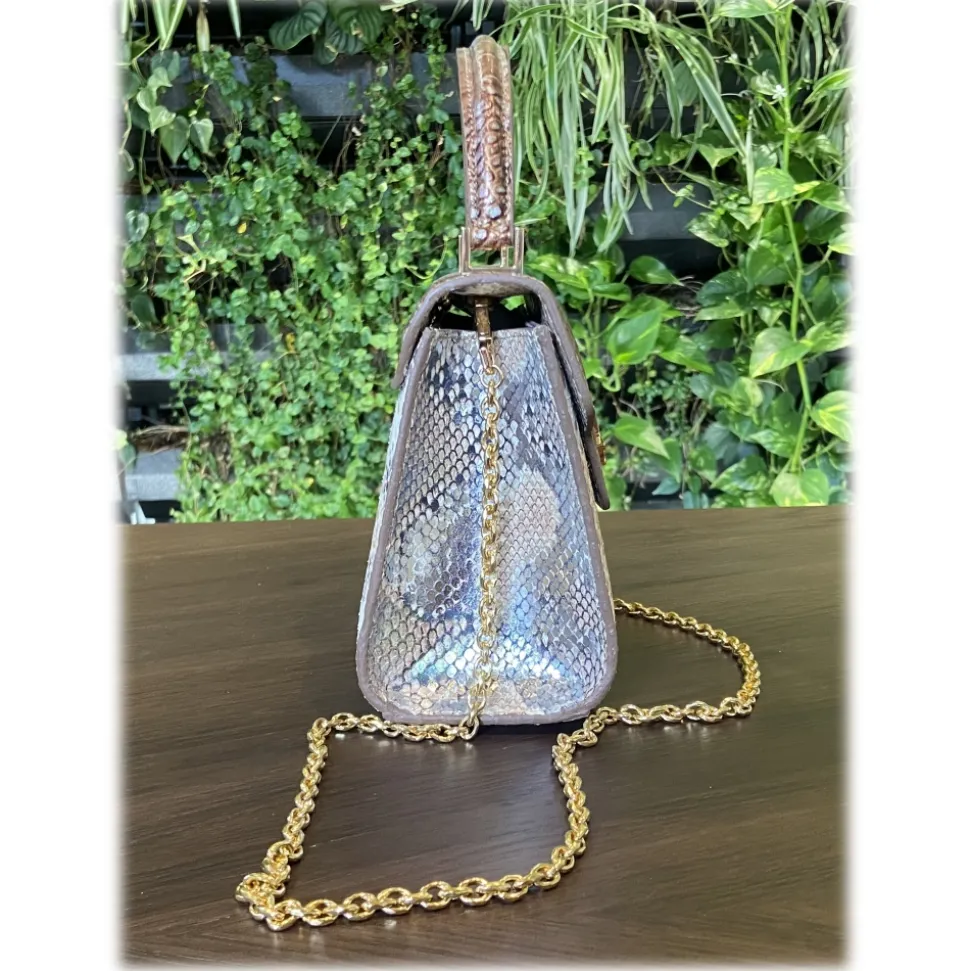 Suèi - Bag of Medium Size of Python & Crocodile Leather - Beige - Handmade in Italy - Luxury Exclusive Collection - Avvenice