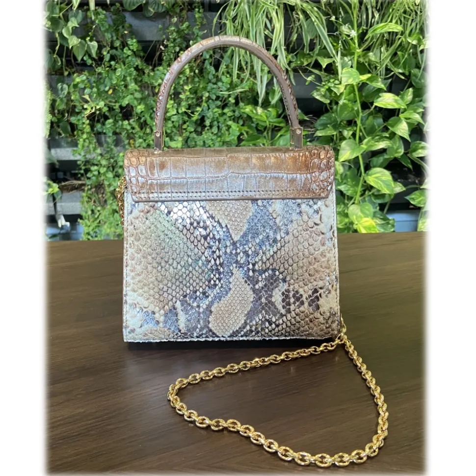 Suèi - Bag of Medium Size of Python & Crocodile Leather - Beige - Handmade in Italy - Luxury Exclusive Collection - Avvenice
