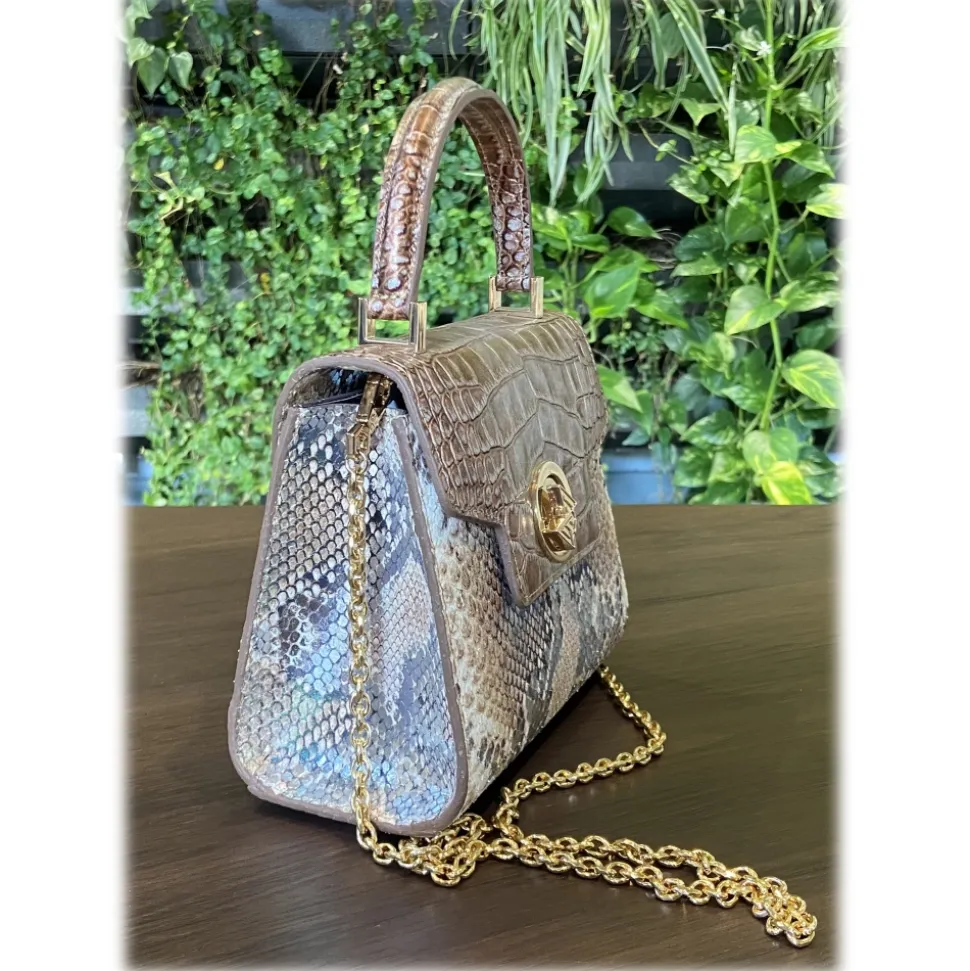 Suèi - Bag of Medium Size of Python & Crocodile Leather - Beige - Handmade in Italy - Luxury Exclusive Collection - Avvenice