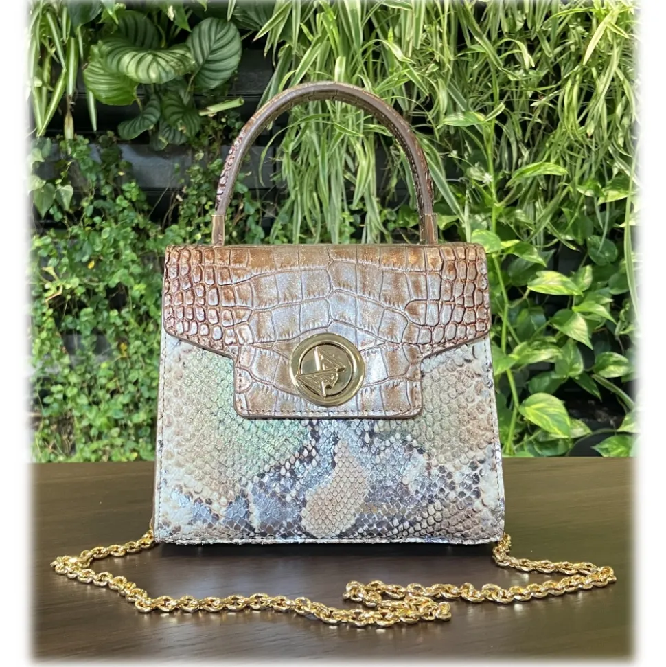 Suèi - Bag of Medium Size of Python & Crocodile Leather - Beige - Handmade in Italy - Luxury Exclusive Collection - Avvenice