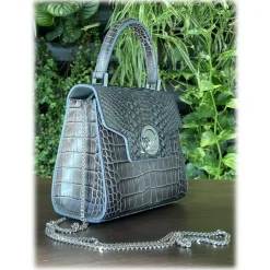 Suèi - Bag of Mini Size of Printed Crocodile Leather - Black - Handmade in Italy - Luxury Exclusive Collection - Avvenice