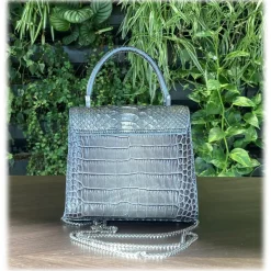 Suèi - Bag of Mini Size of Printed Crocodile Leather - Black - Handmade in Italy - Luxury Exclusive Collection - Avvenice