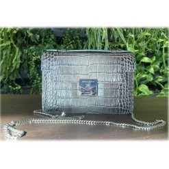 Suèi - Bag of Mini Size of Printed Crocodile Leather - Black - Handmade in Italy - Luxury Exclusive Collection - Avvenice