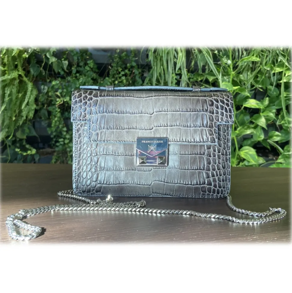 Suèi - Bag of Mini Size of Printed Crocodile Leather - Black - Handmade in Italy - Luxury Exclusive Collection - Avvenice