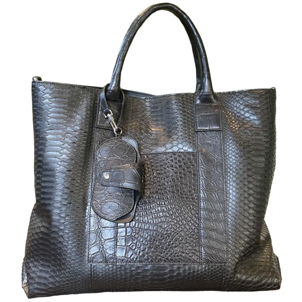 Suèi - Bag of Shopper Size of Python & Crocodile Leather - Black - Handmade in Italy - Luxury Exclusive Collection - Avvenice