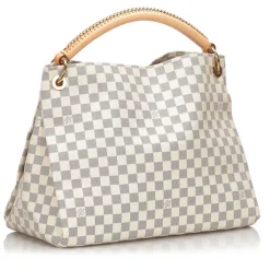 The Artsy MM features a damier azur canvas body, a rolled vachetta handle, an open top, and interior zip and slip pockets. - Avvenice