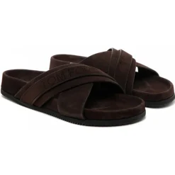 Tom Ford - Chocolate Brown Calf Suede Crossover Logo Strap Slides - Tom Ford Exclusive Luxury Collection - Avvenice
