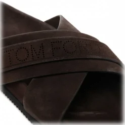 Tom Ford - Chocolate Brown Calf Suede Crossover Logo Strap Slides - Tom Ford Exclusive Luxury Collection - Avvenice