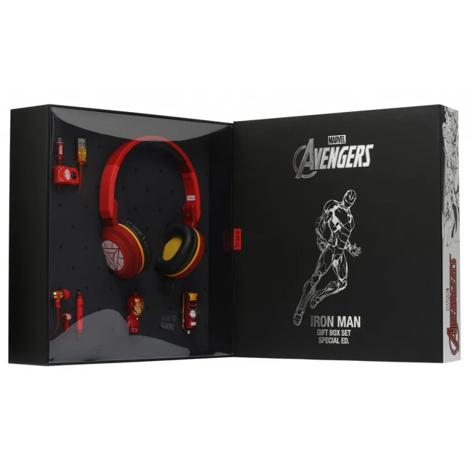 Tribe - Iron Man - Marvel - Gift Box - 16 GB USB Stick - Car Charger - Earphones - On-Ear Headphones - Micro USB Cable - Avvenice