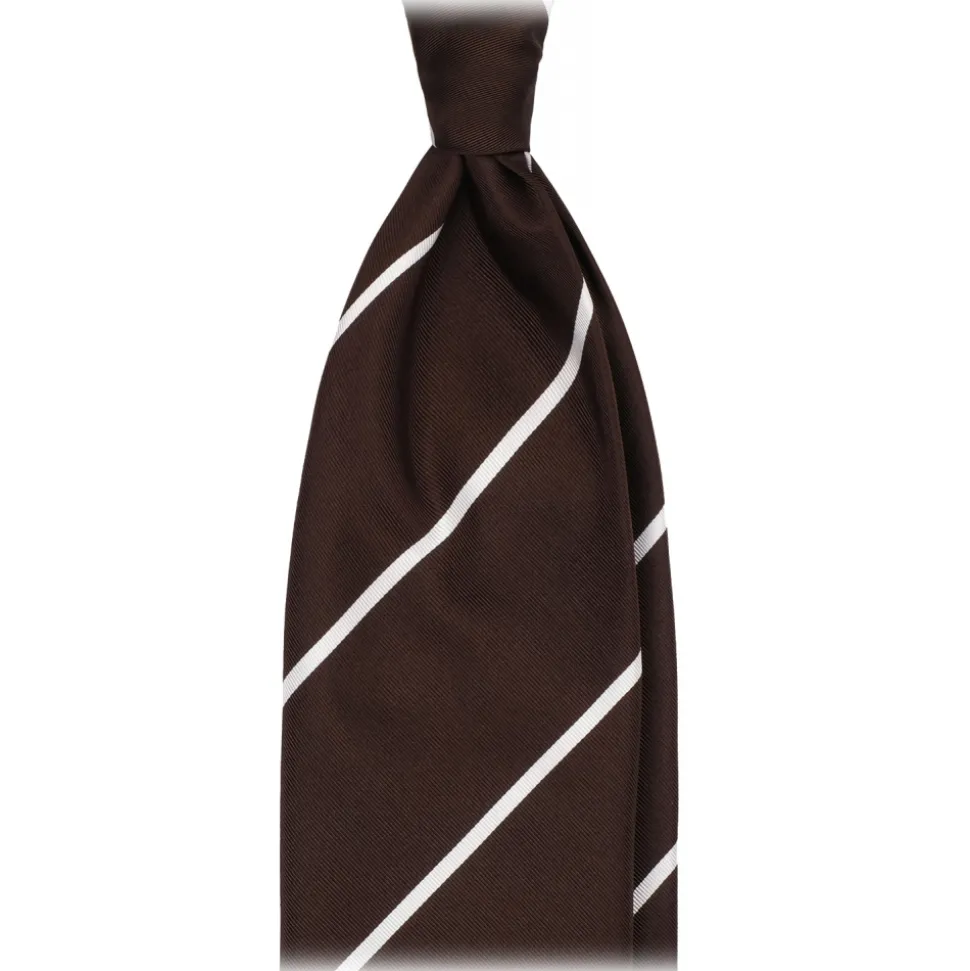 Viola Milano - Classic Stripe Selftipped Woven Silk Jacquard Tie - Brown/White - Handmade in Italy - Luxury Exclusive Collection - Avvenice