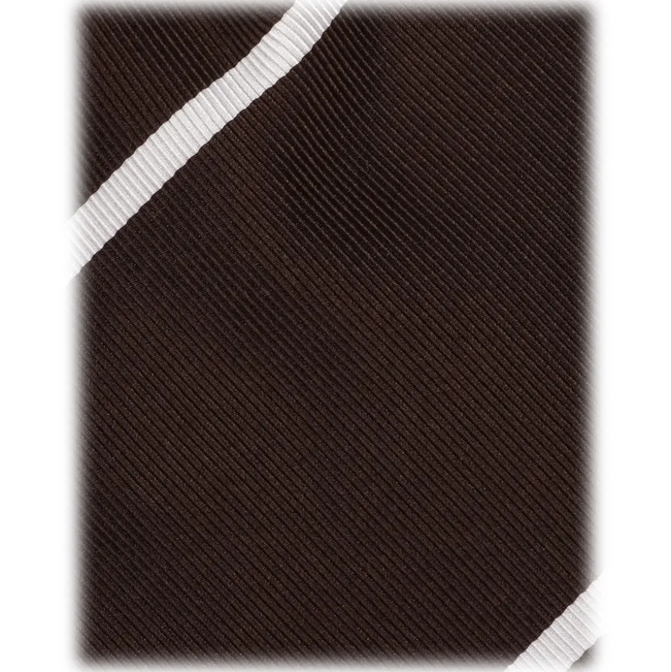 Viola Milano - Classic Stripe Selftipped Woven Silk Jacquard Tie - Brown/White - Handmade in Italy - Luxury Exclusive Collection - Avvenice