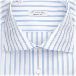 Viola Milano - Classic Stripe Cut-Away Collar Dress Shirt - Sea/White - Handmade in Italy - Luxury Exclusive Collection - Avvenice