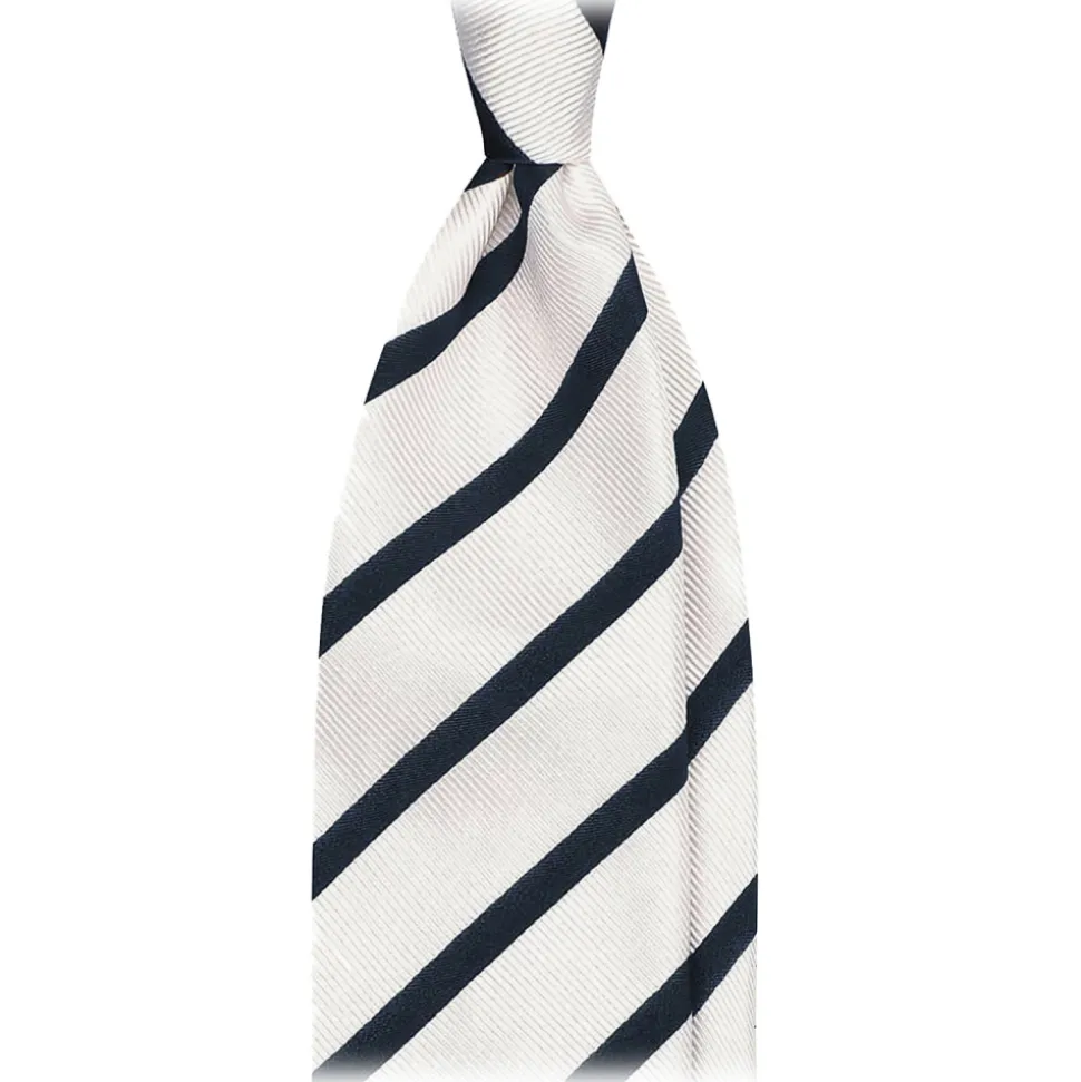Viola Milano - Classic Stripe Selftipped Woven Silk Jacquard Tie - Navy/White - Handmade in Italy - Luxury Exclusive Collection - Avvenice