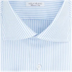 Viola Milano - Classic Stripe Cut-Away Collar Dress Shirt - Light Blue Oxford - Handmade in Italy - Luxury Exclusive Collection - Avvenice