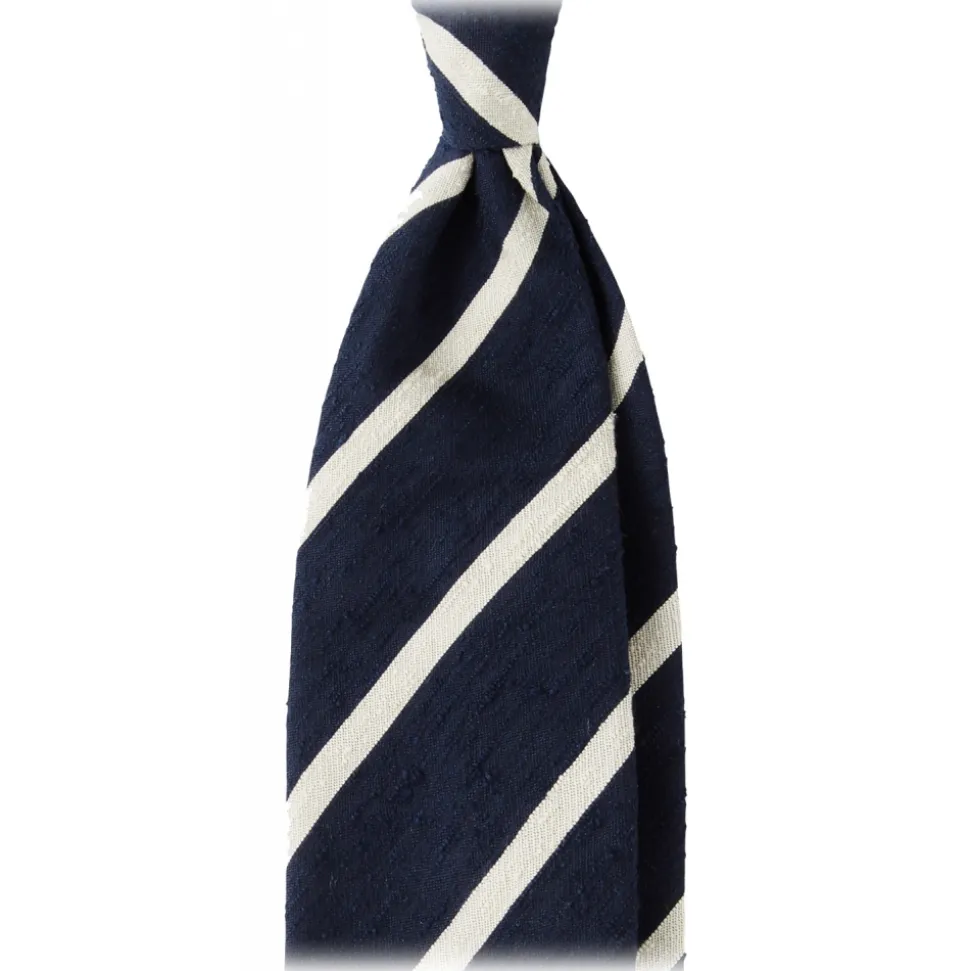 Viola Milano - Classic Stripe Handrolled Woven Shantung Tie - Navy/White - Handmade in Italy - Luxury Exclusive Collection - Avvenice