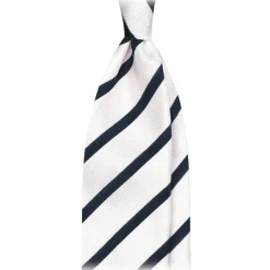 Viola Milano - Classic Stripe Selftipped Silk Jacquard Tie - White / Navy - Made in Italy - Luxury Exclusive Collection - Avvenice