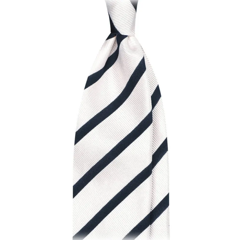 Viola Milano - Classic Stripe Selftipped Silk Jacquard Tie - White / Navy - Made in Italy - Luxury Exclusive Collection - Avvenice