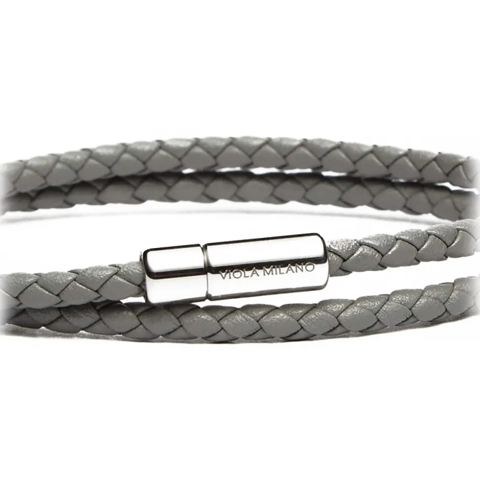 Viola Milano - Double Braided Italian Leather Bracelet - Grey - Handmade in Italy - Luxury Exclusive Collection - Avvenice
