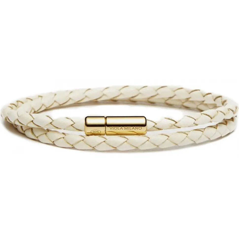 Viola Milano - Double Braided Italian Leather Bracelet Gold Clasp - Off White - Handmade in Italy - Luxury Exclusive Collection - Avvenice