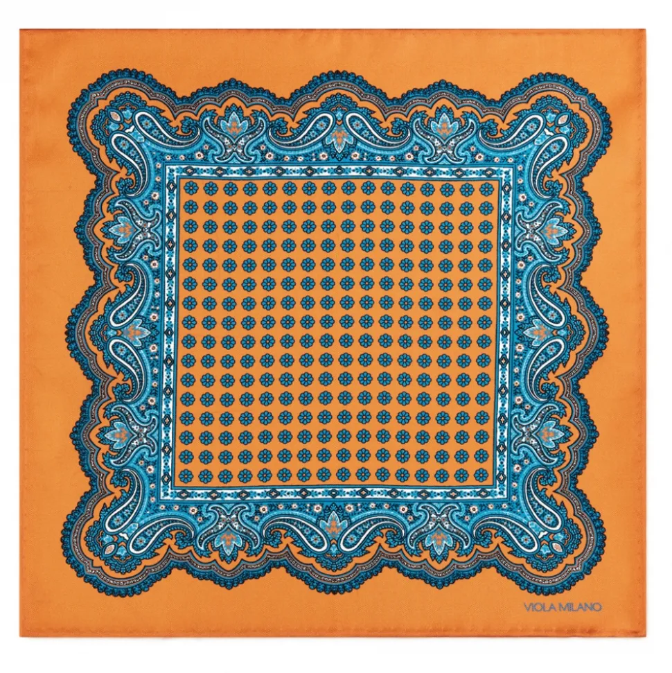 Viola Milano - Floral Pattern Printed Solid Silk Pocket Square - Orange - Handmade in Italy - Luxury Exclusive Collection - Avvenice