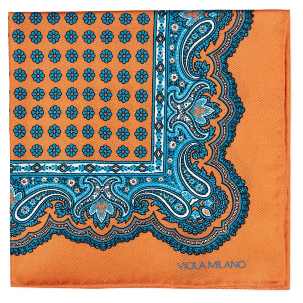 Viola Milano - Floral Pattern Printed Solid Silk Pocket Square - Orange - Handmade in Italy - Luxury Exclusive Collection - Avvenice