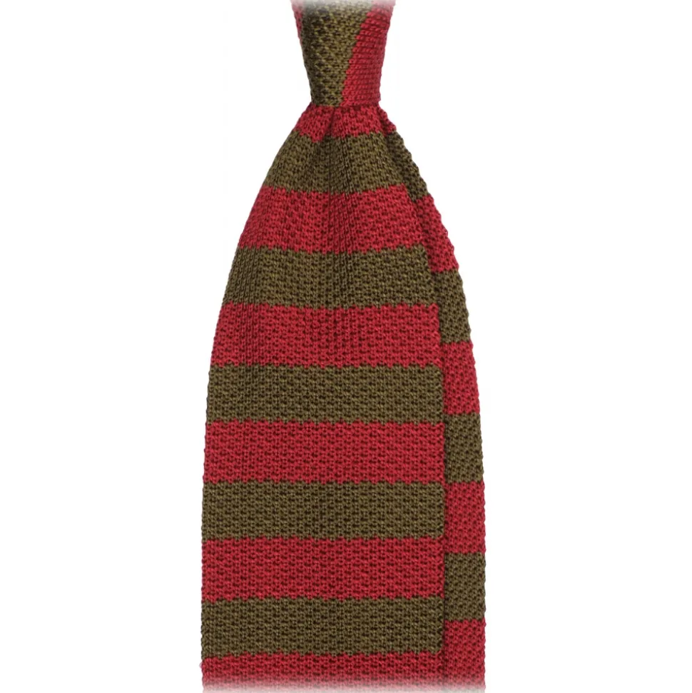 Viola Milano - Knitted Classic Stripe Silk Tie - Olive/Red - Handmade in Italy - Luxury Exclusive Collection - Avvenice