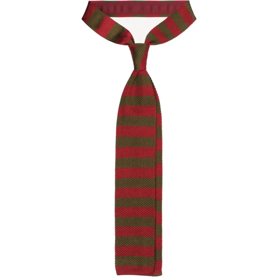 Viola Milano - Knitted Classic Stripe Silk Tie - Olive/Red - Handmade in Italy - Luxury Exclusive Collection - Avvenice