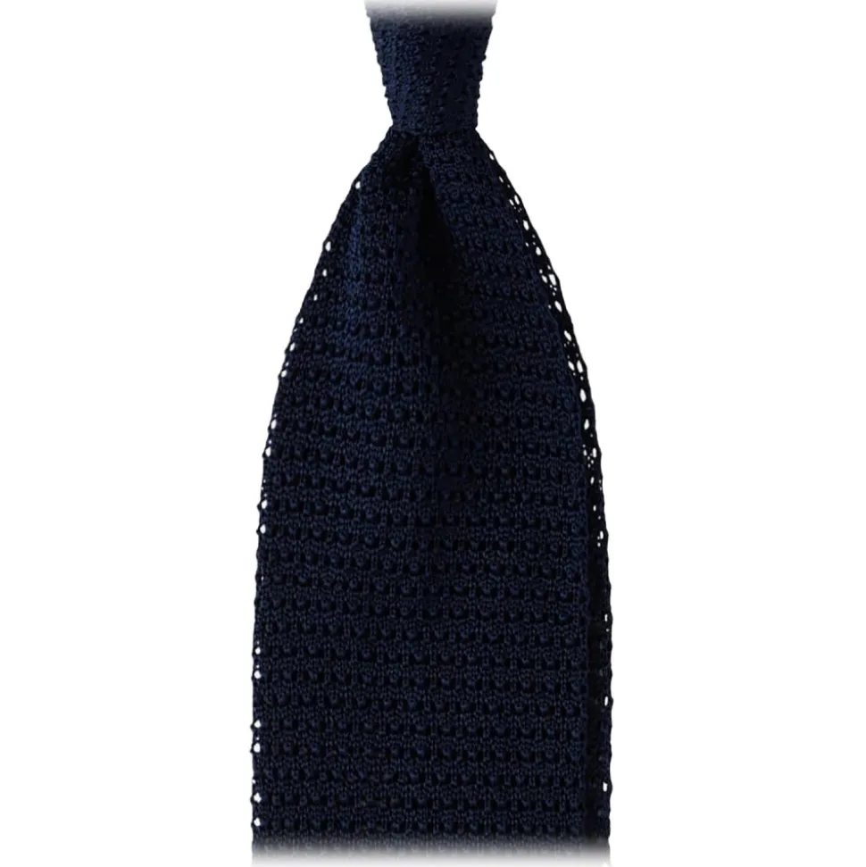 Viola Milano - Knitted Solid V-End Silk Tie - Navy - Handmade in Italy - Luxury Exclusive Collection - Avvenice