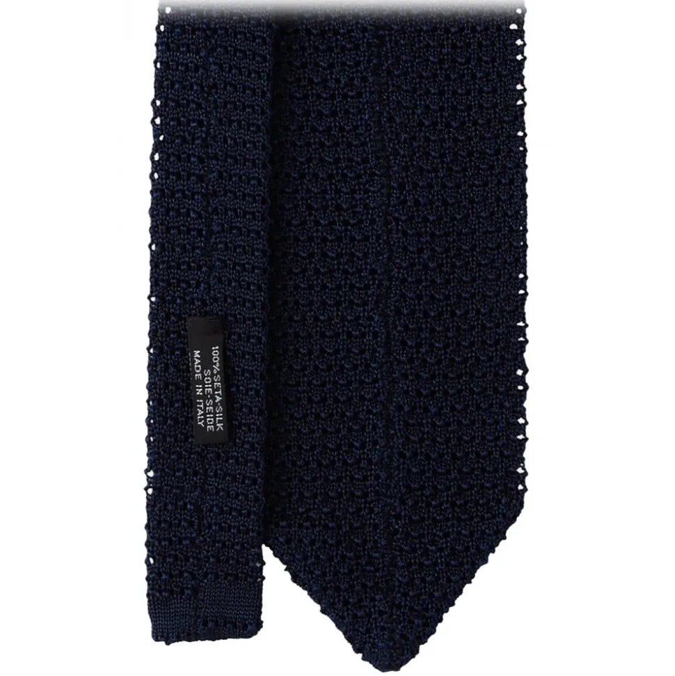 Viola Milano - Knitted Solid V-End Silk Tie - Navy - Handmade in Italy - Luxury Exclusive Collection - Avvenice